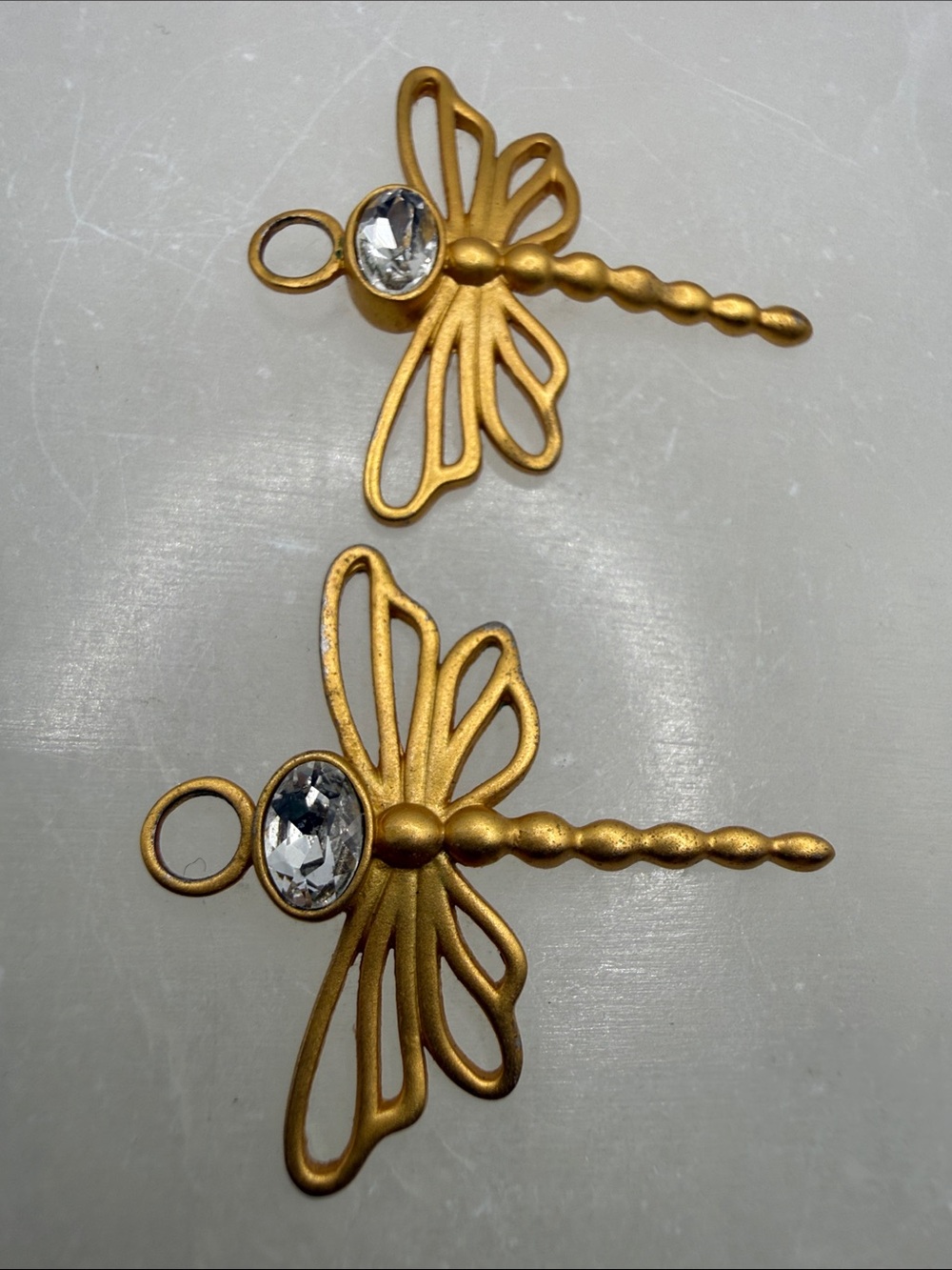 Adorable twin distressed Gold tone dragonfly Pendant Charm with bezel setting